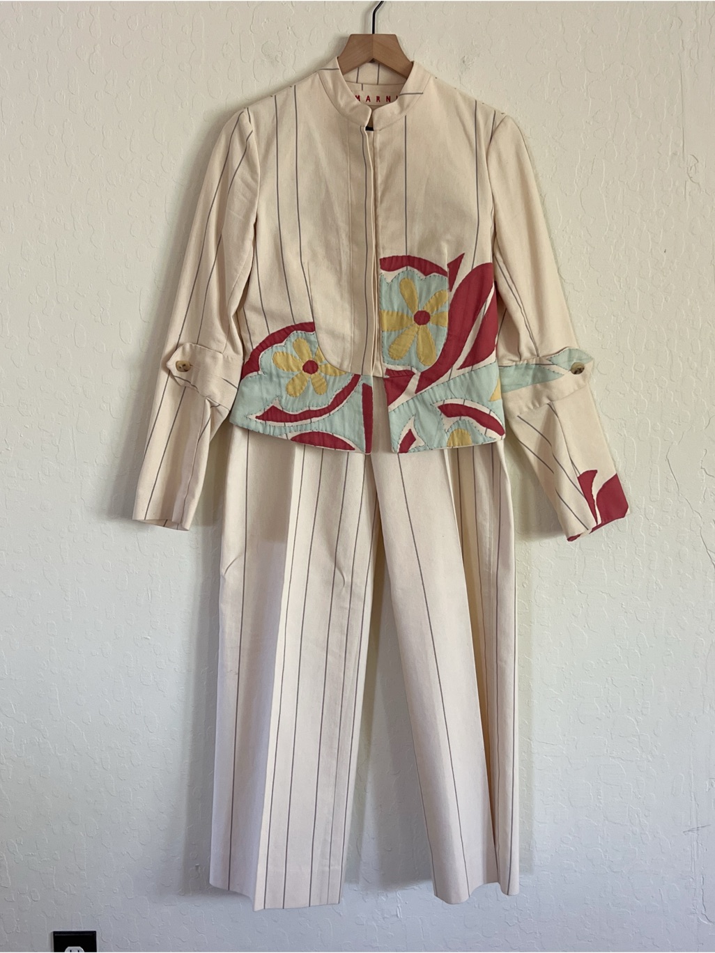 Marni Matching Set Quilted Floral Jacket Striped Wide Leg Trouser Pants 42 Us 6